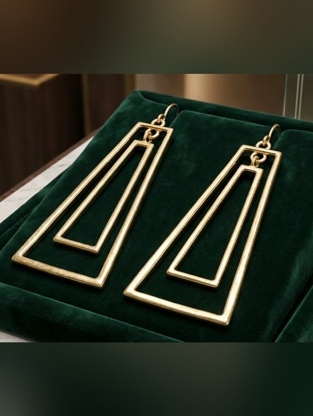 Gold Geometric Double-Frame Drop Earrings